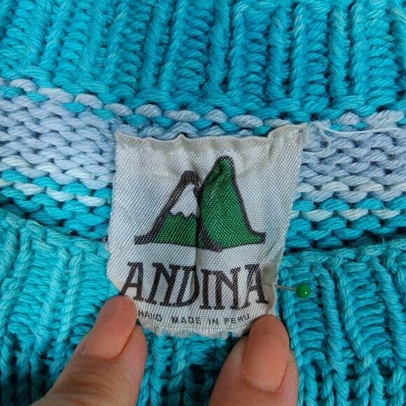 Vintage Andina Pullover Sweater Size Large Green Aqua 100% Cotton Dry Clean Only - Picture 5 of 8